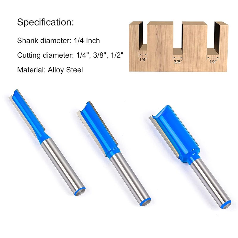 Flytuo Straight Dado Cut Router Bit 1/4 Shank, 3PCS Double Flute Plywood Straight Cut Router Bit Set for Create Groove, Dado with Diameter 1/4", 3/8", 1/2" - Image 3